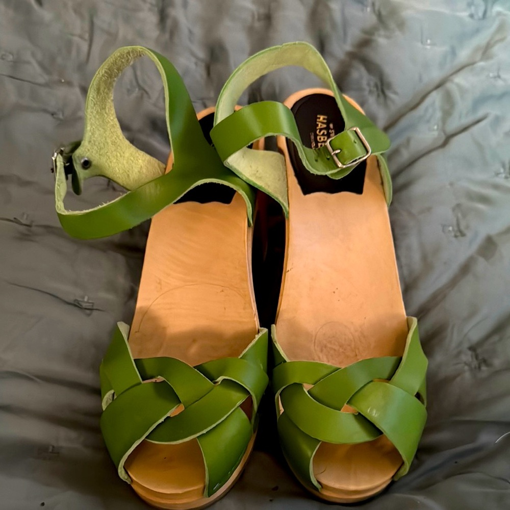 Swedish Hasbeens Green Leather Sandals